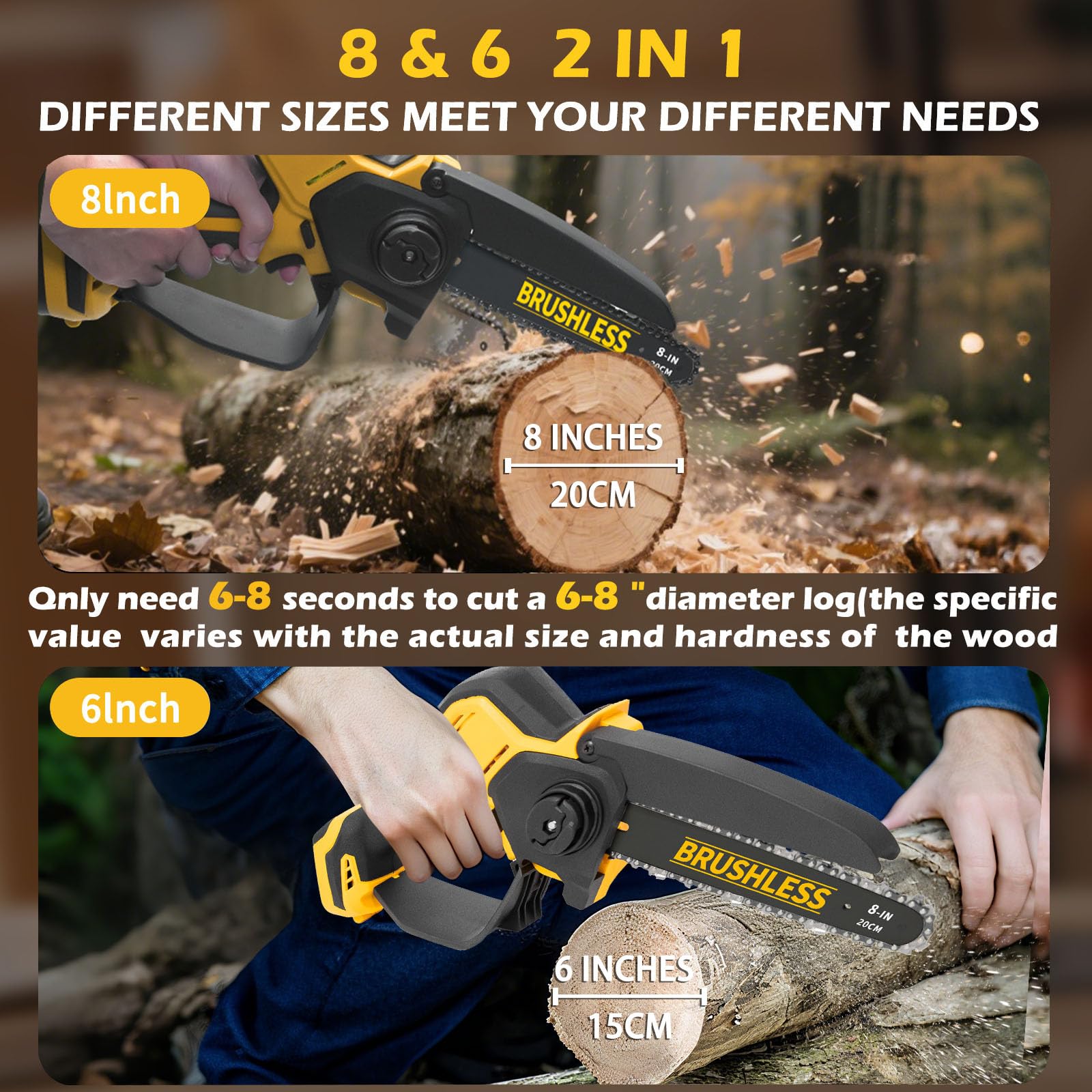 Mini motosierra compatible con batería Dewalt de 20 V MAX,8 pulgadas y 6 pulgadas Mini motosierra inalámbrica 2 en 1, motor de cobre puro sin escobillas de 1000 W, velocidad de cadena de 4.6 m/s para