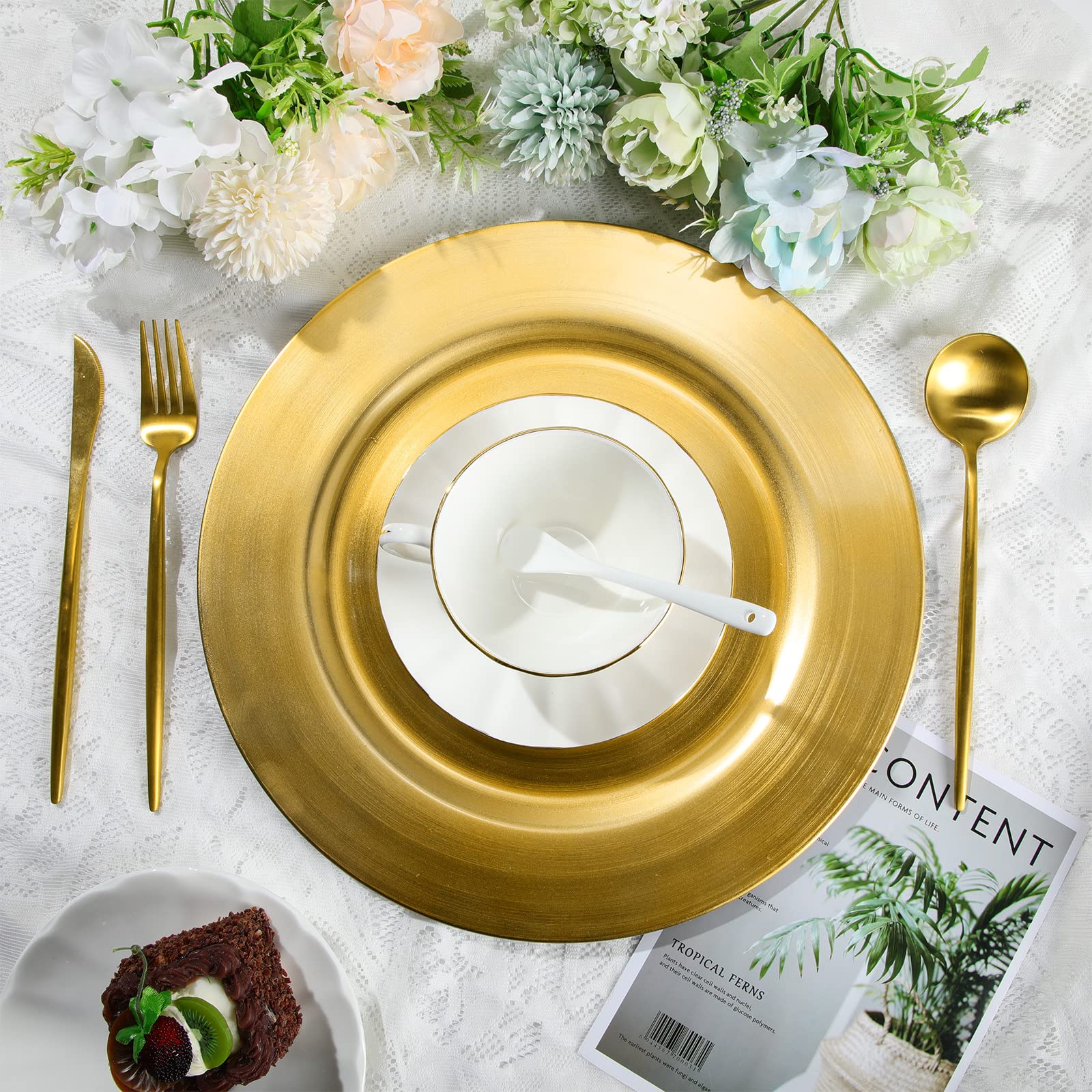 24 Pieces Charger Plates 13 inch Chef Round Plates Plastic Metallic Foil Plate Reusable Charger and Service Plate for Wedding Party Event Decorations (Gold)