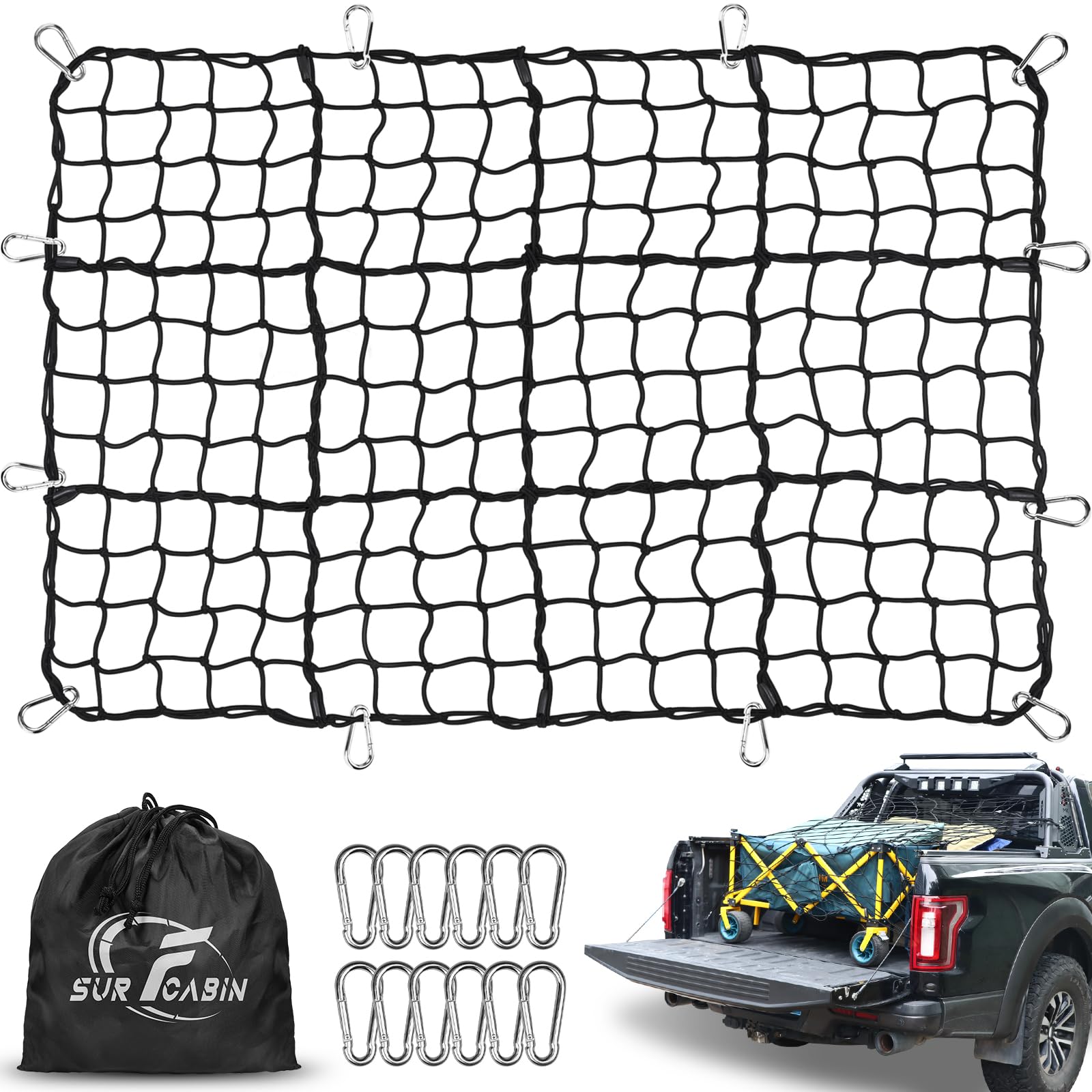 Cargo Net 4'x6' Stretches to 8' x 12' for Pickup Truck Bed, Truck Bed Net Upgraded 12pcs Steel D-Shaped Carabiners + Storage Bag, Square Mesh Bungee Netting Elastic Accessories for Car SUV