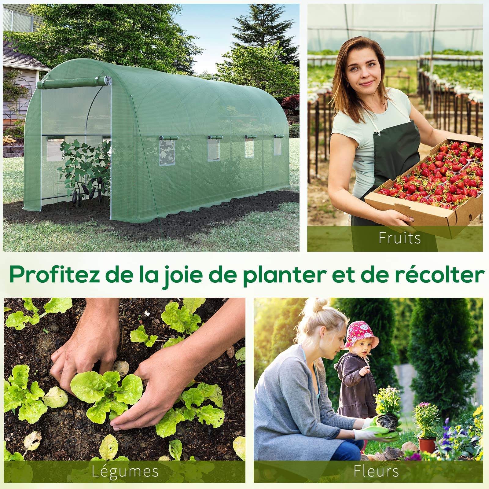Outsunny Serre de Jardin Tunnel Surface Sol 10 m² 5L x 2l x 2,05H m châssis Tubulaire renforcé Porte zippée 8 fenêtres enroulables Vert