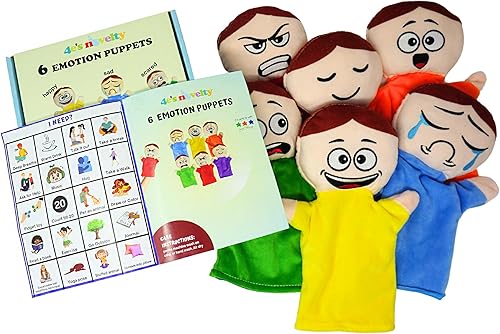 Miniatura 2 de Paquete de 6 títeres de mano con sensación para niños con 6 emociones, con brazos móviles, títeres de mano de felpa suave para niños pequeños,