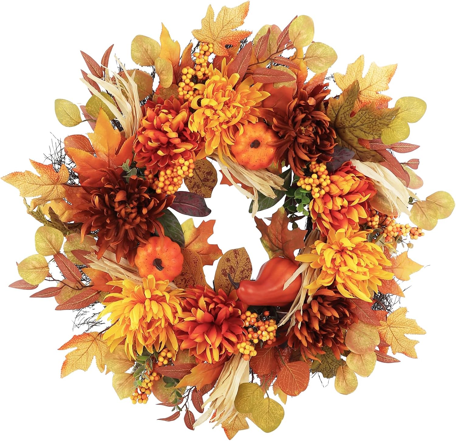 26" Full Fall Wreaths for Front Door Outside, Autumn Harvest Wreath with Dahlia Pumpkin and Berries, Large Fall Decorations for Home Porch, Fall Wreath for Thanksgiving Decor