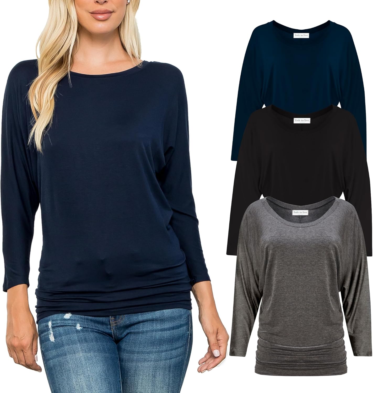 Free to Live 3 Pack 3/4 Sleeve Dolman Tops for Women Dressy Business Casual Shirts Travel Work Clothes Tunic for Leggings