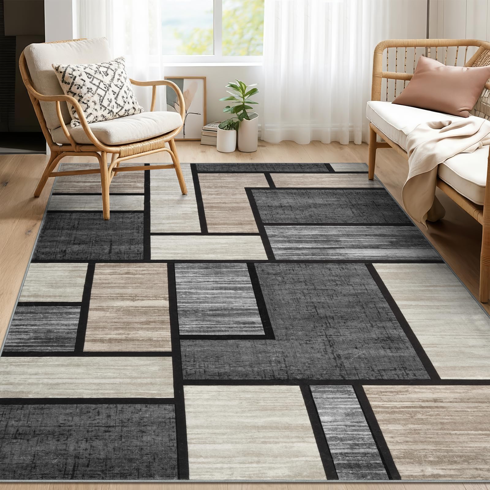 IMIYOKU Modern Rugs for Living Room, 120 x 170 cm Non Shedding Area Rug for Bedroom Machine Washable Rug Anti Slip Carpet, Suit for Bedroom Dorm Nursery Kids Room Office Lounge Home Decor Brown Grey
