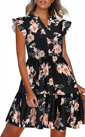 HOTOUCH Women Printed Dress for Summer Short Ruffle Sleeve Dress Tiered Mini Dress with Pockets