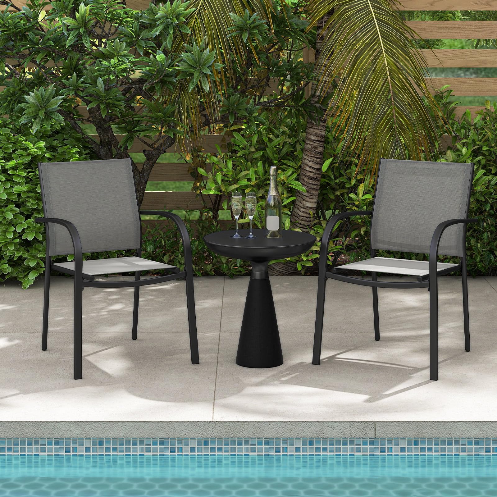 COSTWAY 2 Sillas Jardin Exterior Textilene, Sillas de Comedor Apilables, Marco de Metal, Terraza Balcon Exterior 61 x 58 x 85 cm, Carga 150kg, Café