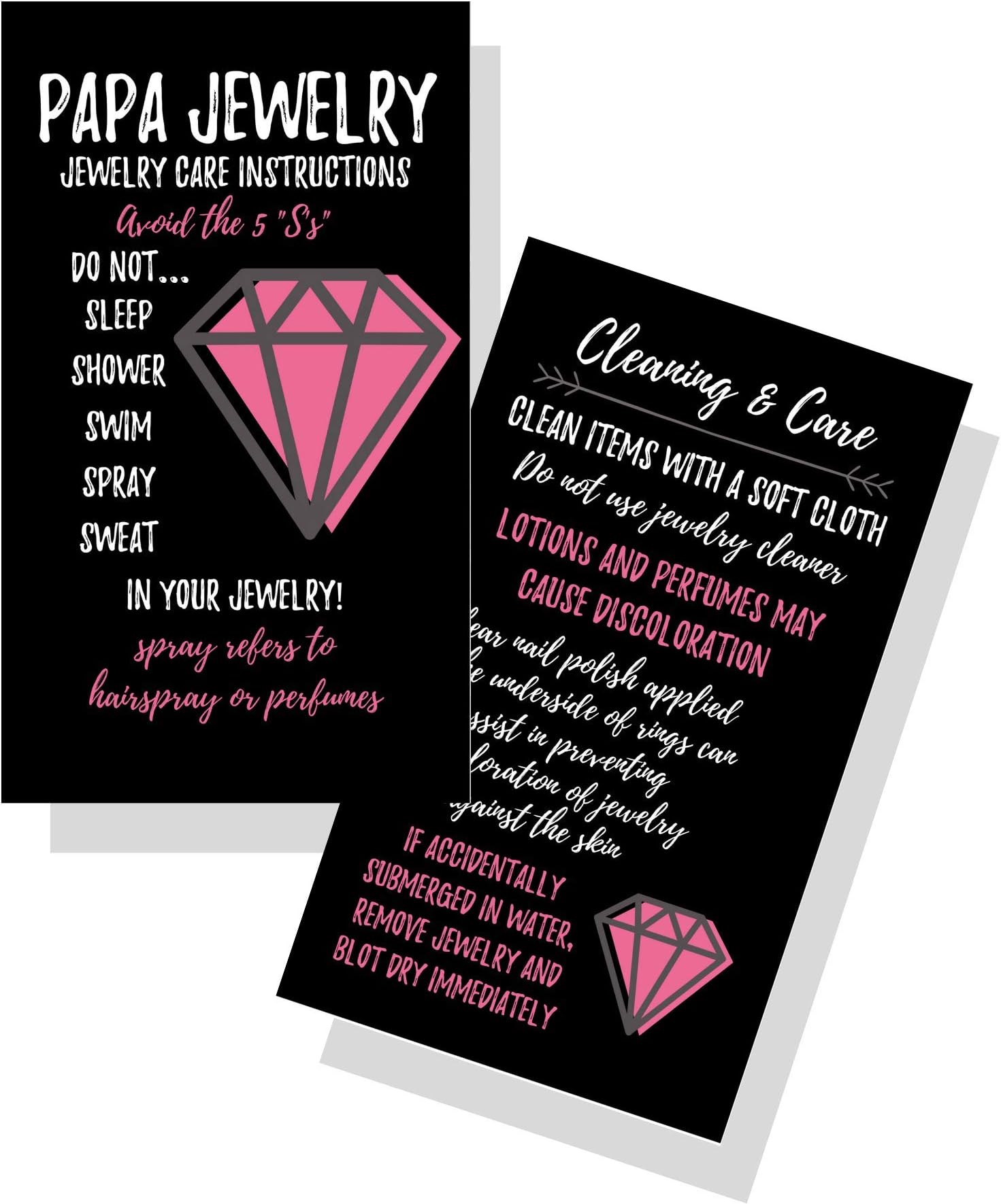 Papa SupplyJewelry Cleaning and Care Cards | Package of 50 | Bling Solid Pink Geometric Diamond | Jewelry Bling Queen Care Instructions