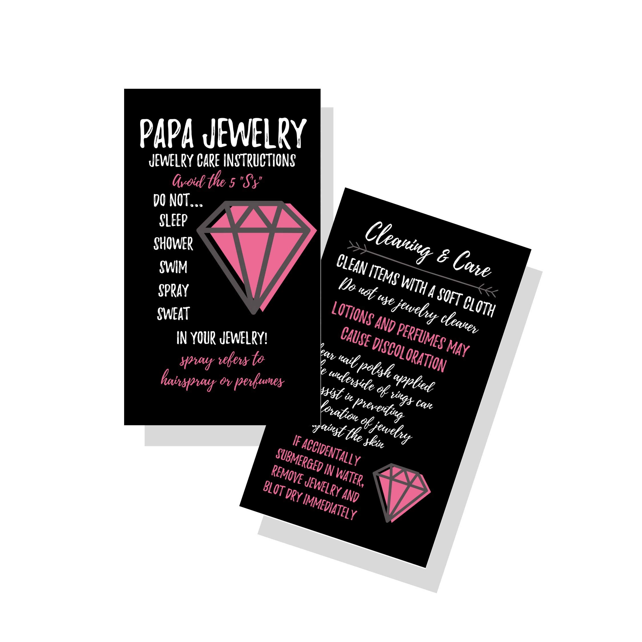 Papa SupplyJewelry Cleaning and Care Cards | Package of 50 | Bling Solid Pink Geometric Diamond | Jewelry Bling Queen Care Instructions