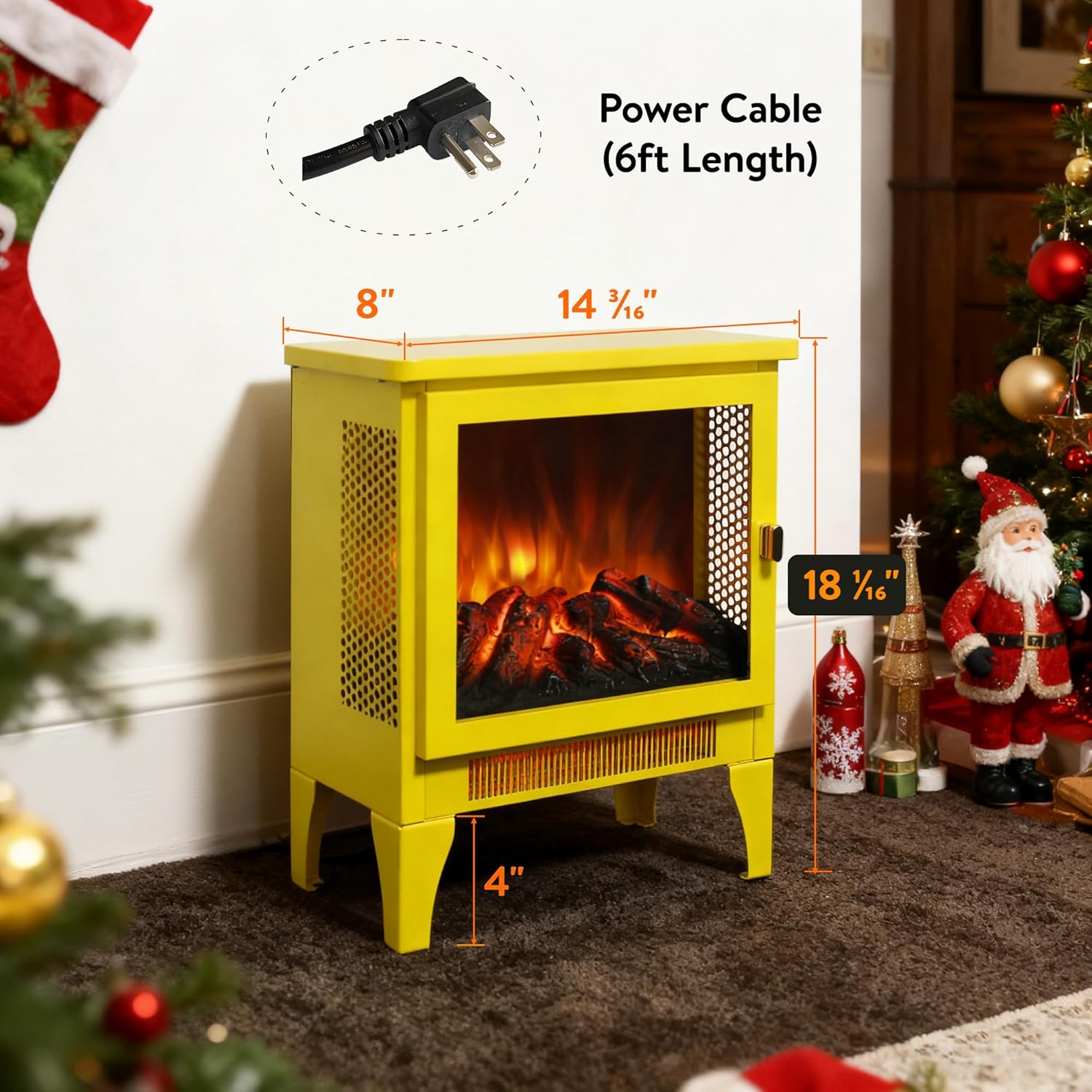 17" Electric Fireplace, Freestanding Fireplace Heater with Realistic Flame & Log, Overheat Protection, 700W/1400W, Yellow