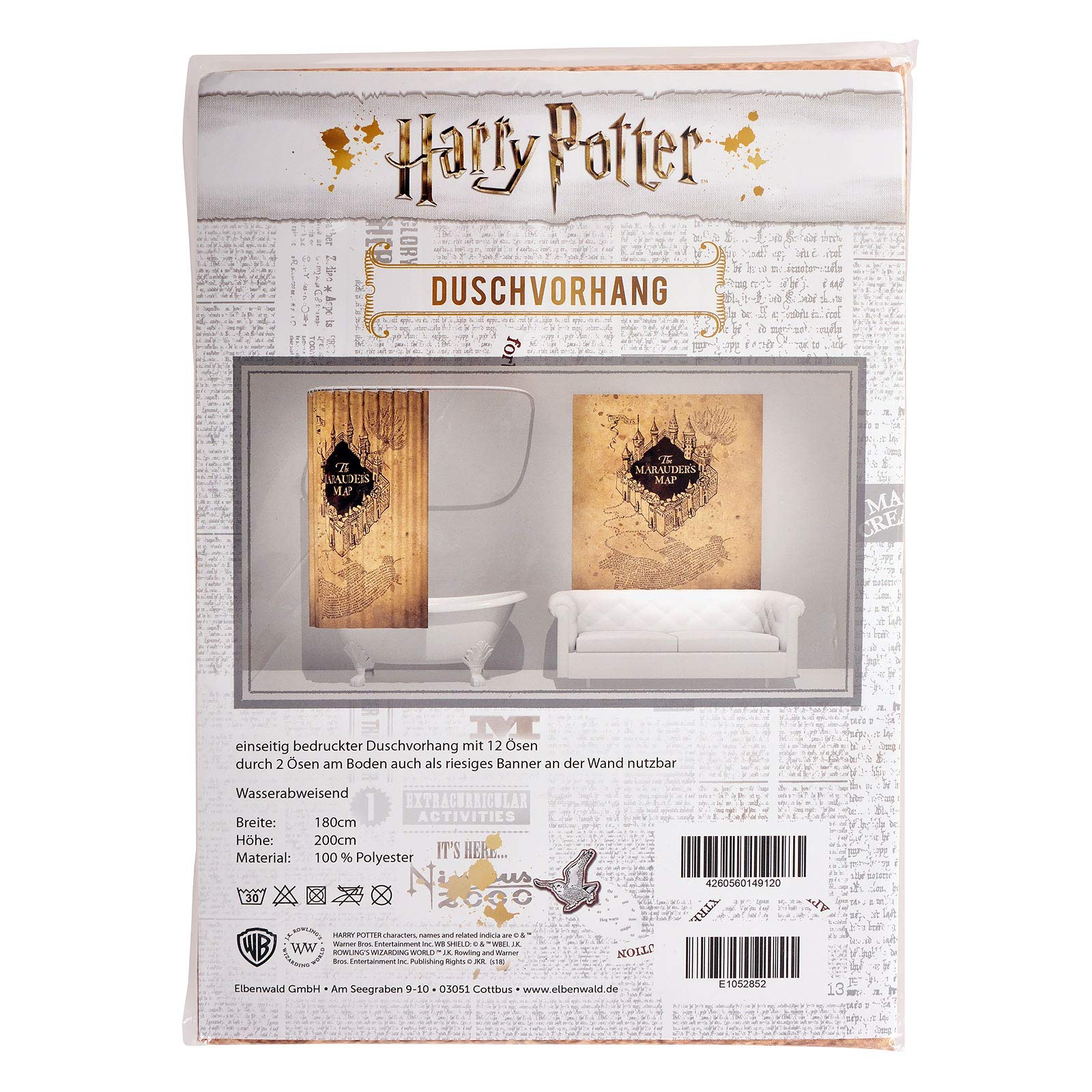 Elbenwald Harry Potter Duschvorhang Wand Banner Karte des Rumtreibers Frontprint 180 x 200 cm Polyester beige