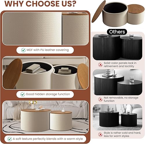 Miniatura 7 de Juego de 2 mesas auxiliares redondas anidables con almacenamiento, mesa auxiliar de madera moderna con marco de MDF y superficie de cuero, mesa