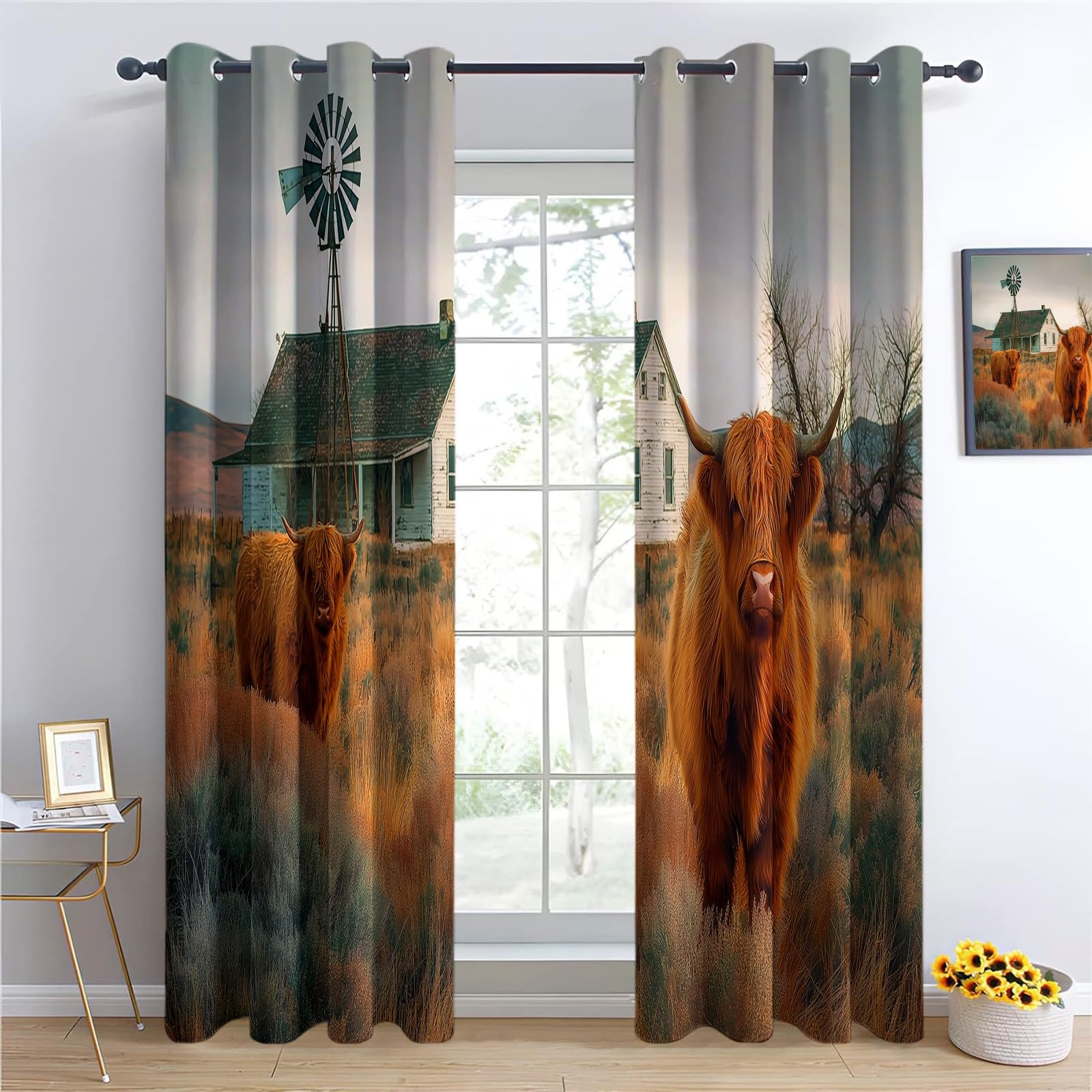 Blackout Vorhänge B200 x H178 cm Verdunkelungsvorhang mit Ösen, 3D-Druck Amerikanisches Ländliches Schottisches Vieh Vorhang Grau Weich Polyester Vorhänge für Wohnzimmer Schlafzimmer und Kinderzimmer