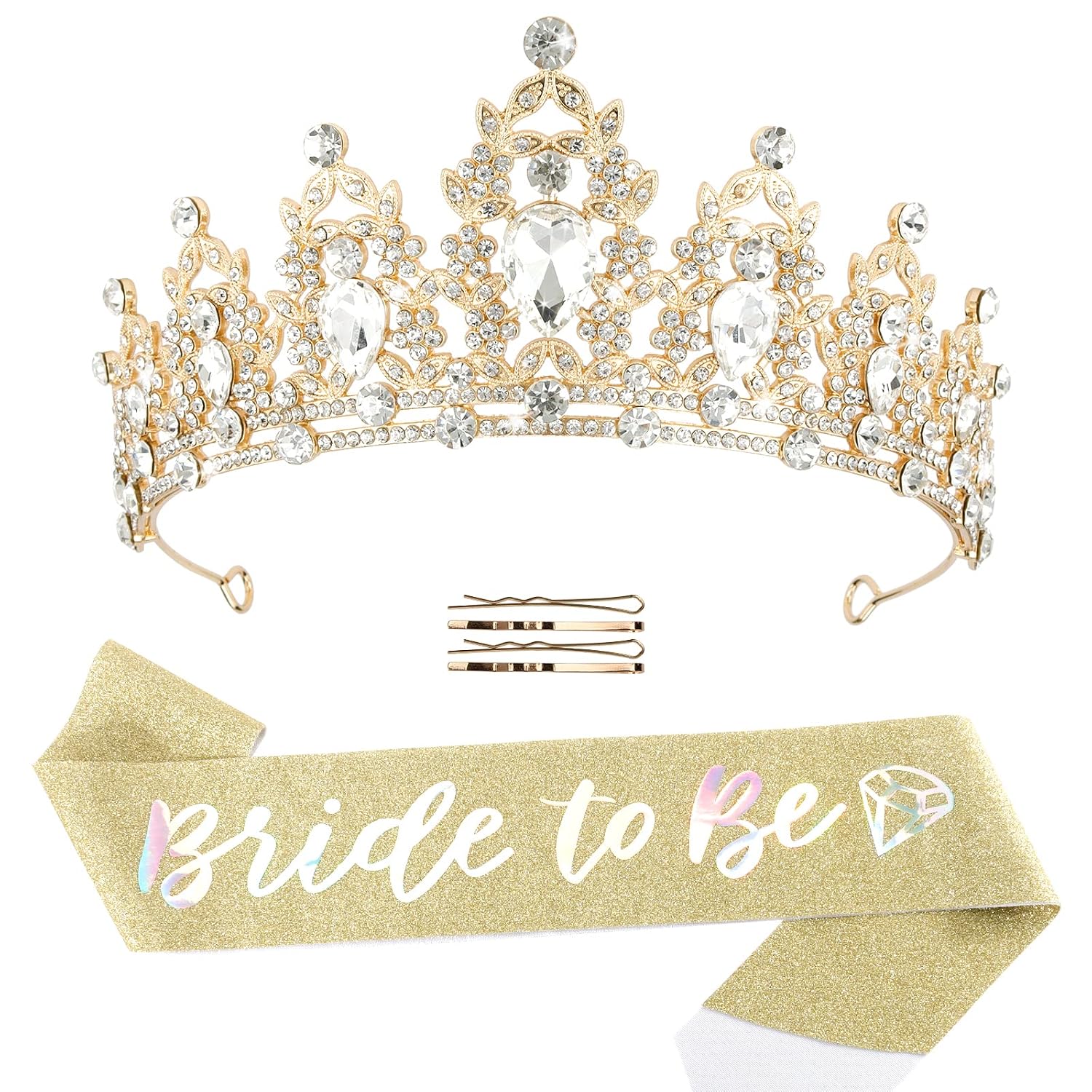 CIEHER Bride To Be Sash & Bride Crown for Bachelorette Party Favors, Bridal Sashes Crown with 4 Hair Clips, Bridal Shower Decorations(Style 1)