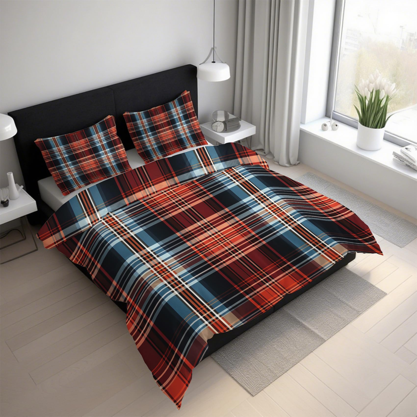 Housse de couette 220x240 infroissable en microfibre parure de lit carreaux fermeture éclair