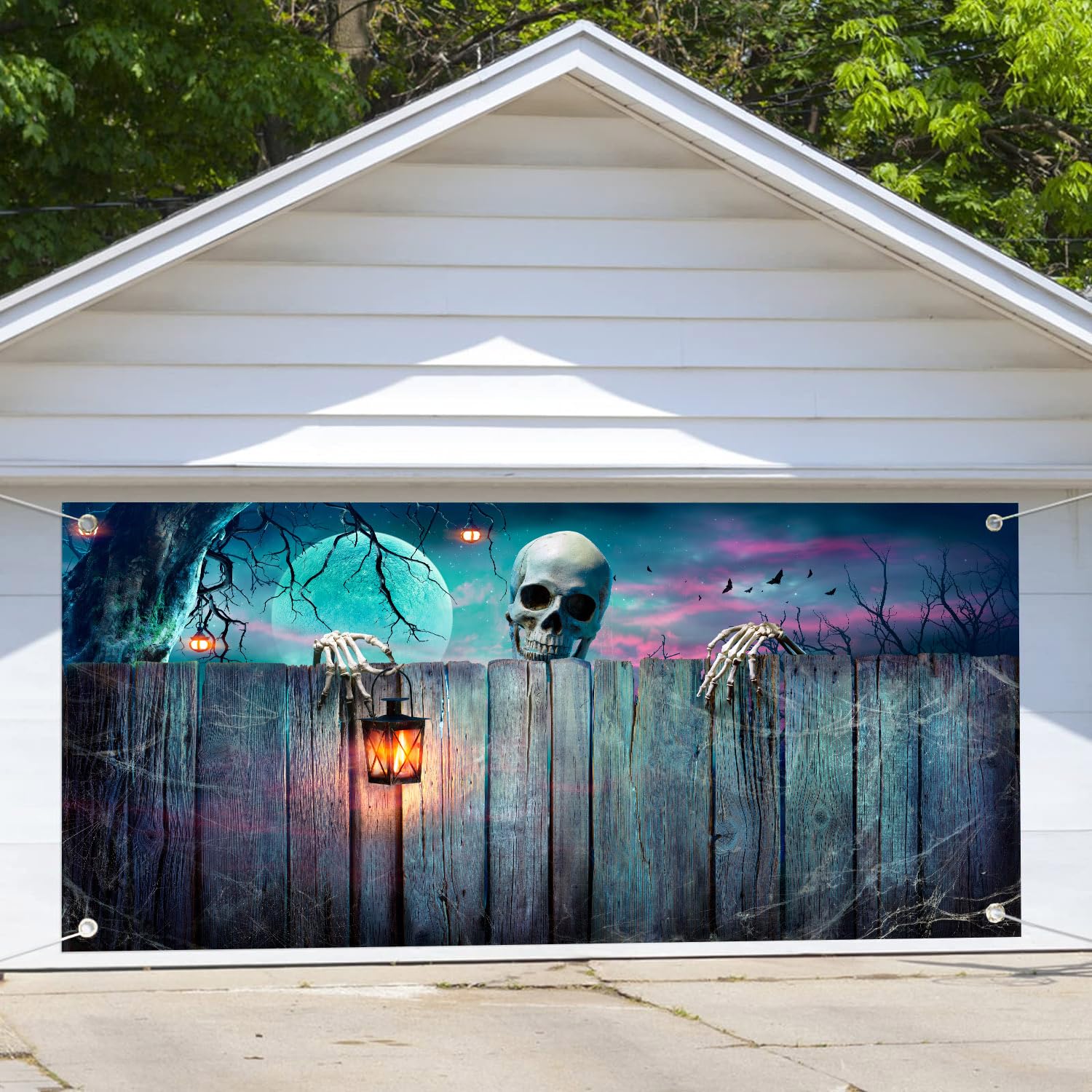 Halloween Garage Door Cover 7x8ft - Scary Cemetery Graveyard Backdrop Banner For Garage Door Decor, Horror Party Decoration