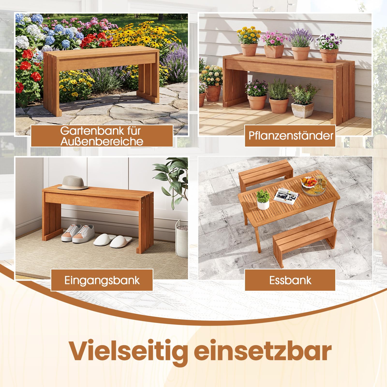 COSTWAY Gartenbank ohne Lehne, Sitzbank Holz Wetterfest, Holzbank, Balkonbank aus Hartholz, Blumenbnk für Garten, Balkon, Terrasse, 90 x 30 x 44 cm