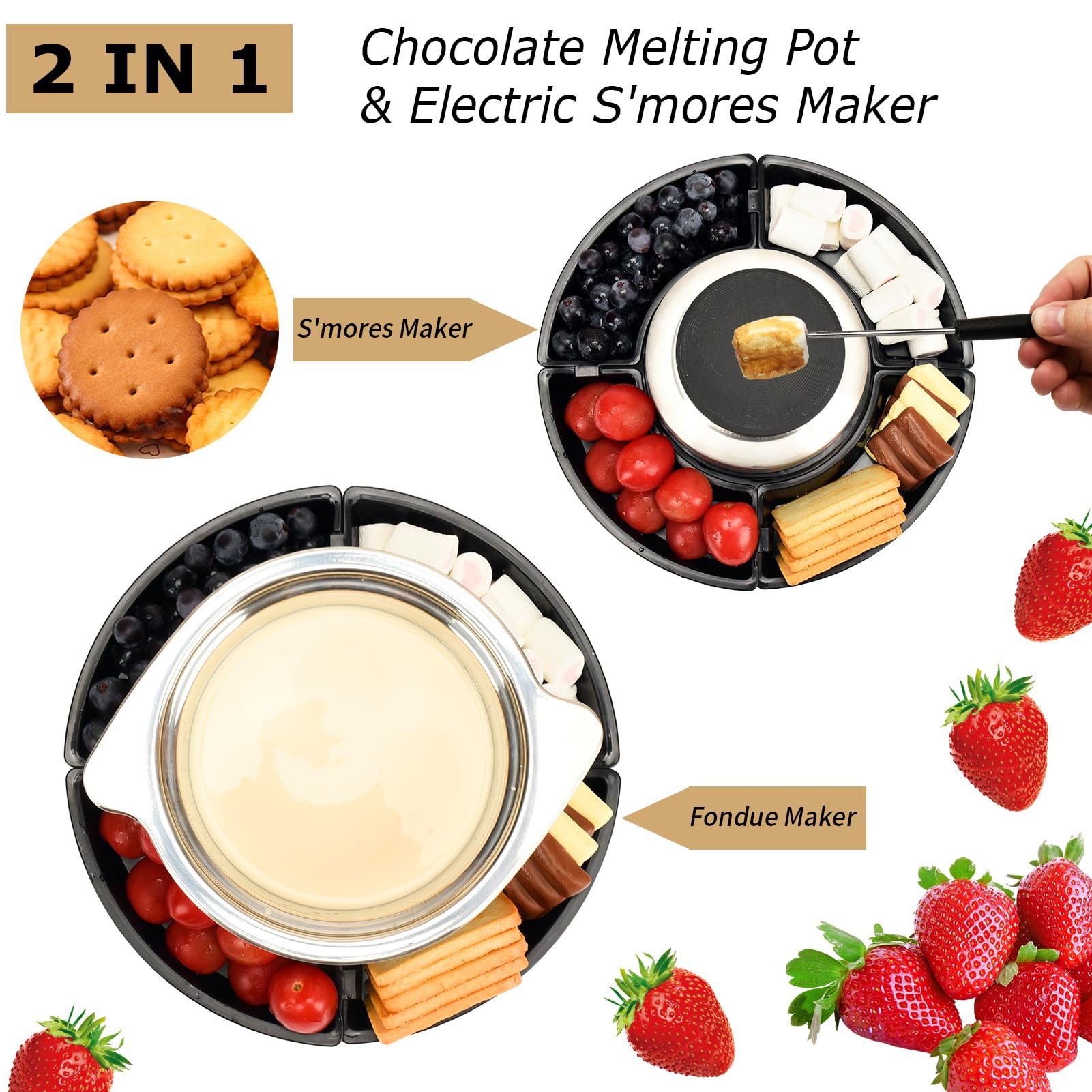 SANGLE SOPFFY - Juego de fondue 2 en 1 y cafetera eléctrica de S'mores – Juego de fondue de queso y chocolate con control de temperatura, bandejas desmontables, juego eléctrico de fondue con 4