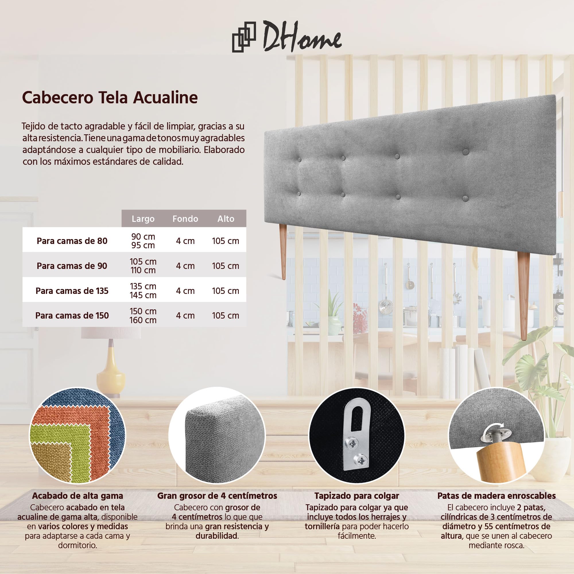 DHOME Cabecero de Polipiel o Tela AQUALINE Pro con 2 Hileras de Botones y Patas Cabezal Tapizado Cama Lujo (Tela Gris, 160x105cm (Camas 150/160))