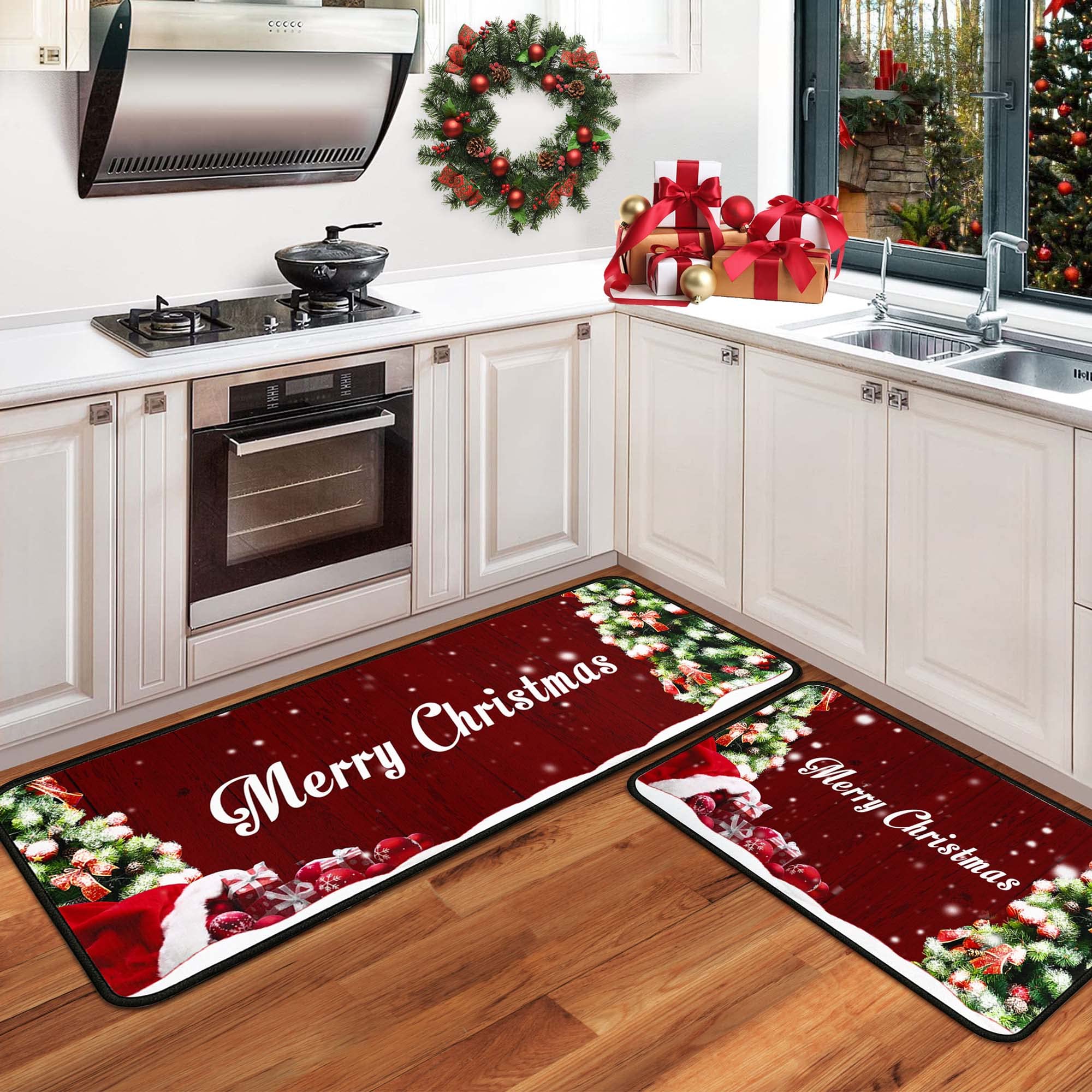 Christmas Kitchen Rugs Set of 2 Kitchen Floor Mats Non-Slip Backing Kitchen Mat Xmas Decorative Washable Doormat Runner Rug Merry Christmas Decorations for Home