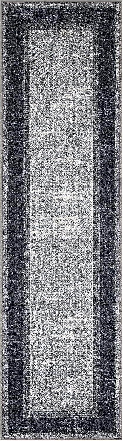 Ottomanson Machine Washable Bordered Design Non-Slip Rubberback 2x7 Traditional Runner Rug for Hallway, Kitchen, Bedroom, Living Room, 1'10" x 7', Gray/Black