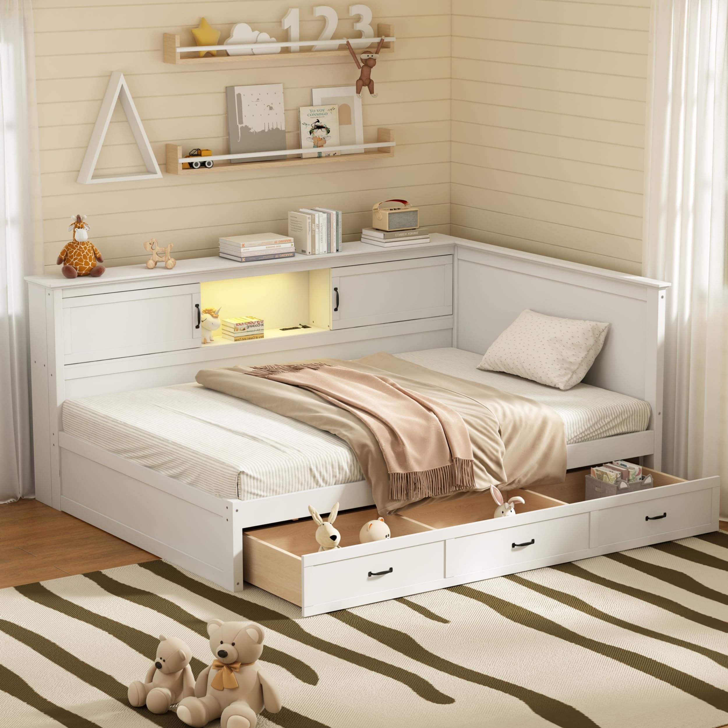 Full Size Daybed with Storage Drawers & Bookcase for Kids Teens Adults - SOFTSEA White
| Solid Wood Corner Bed with USB
