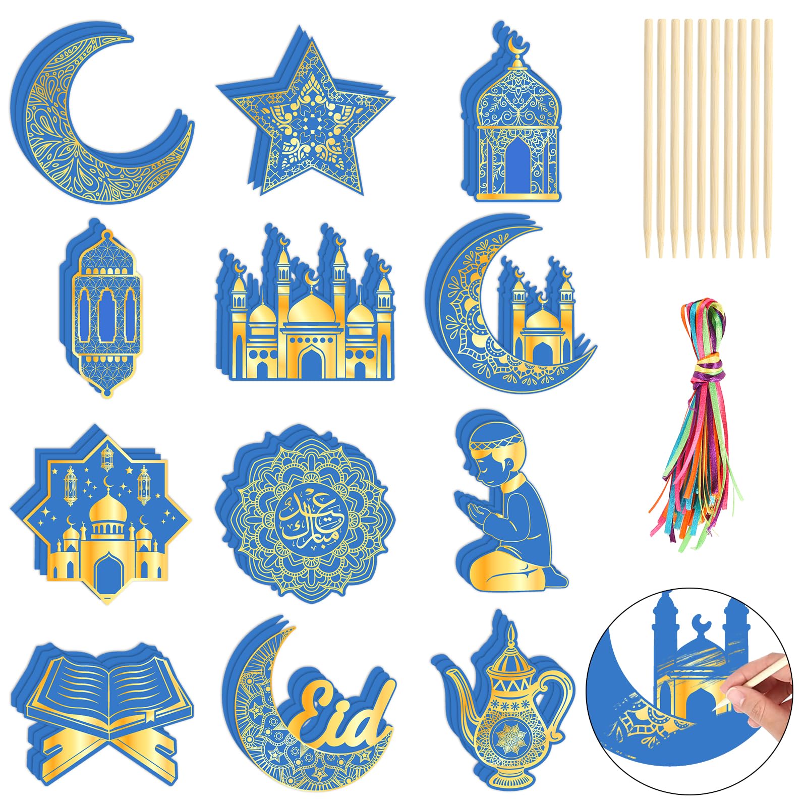 DPKOW 36pcs Eid Scratch Art for Kids Adults, Blue Gold EID SCRATCH ART Paper Moon Lantern Mosque Eid Decorations, Eid Gifts for Kids, Islamic Gifts Ramadan Scratch Art, Eid Presents