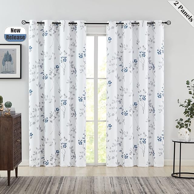 Beauoop Botanical Print Bedroom Curtains 95 Inches Long 95% Blackout Window Curtain Panels Floral Thermal Insulated Drapes Leaf Eyelet Top Window Treatment, 50 x 90 Inch, White/Blue/Grey (2 Panels)