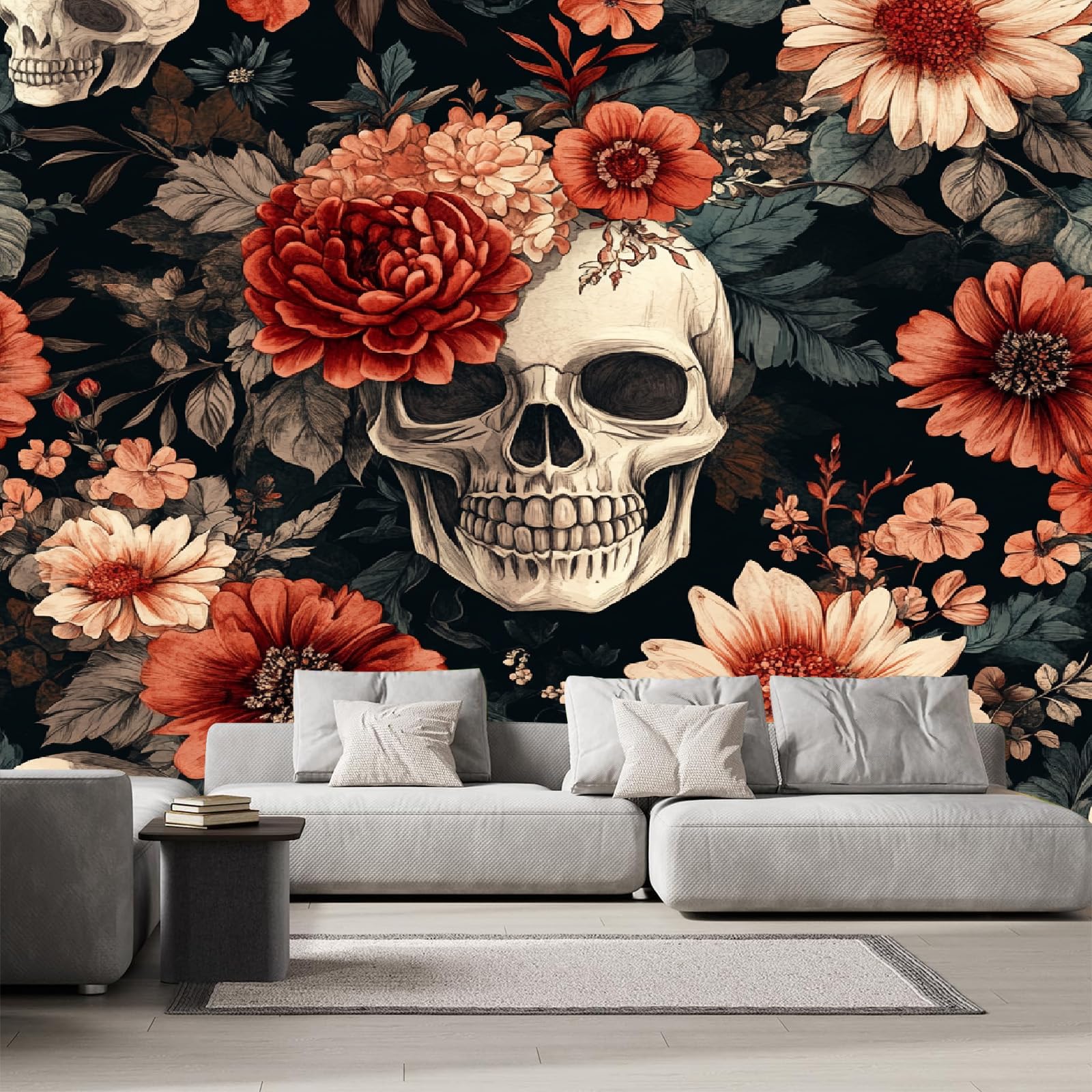 Papier Peint Panoramique Crâne Fleurs : Rénovez votre Mur en 3D