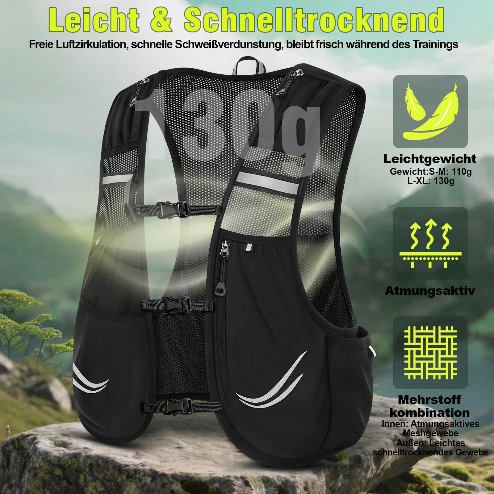 Charmofun Laufweste Damen Herren, Laufrucksack Leicht mit 2 Stück 500ml Softflasche, Verstellbarer Reflektierender Trinkrucksack Laufen für Laufen, Camping, Marathon, Radfahren, Jogging