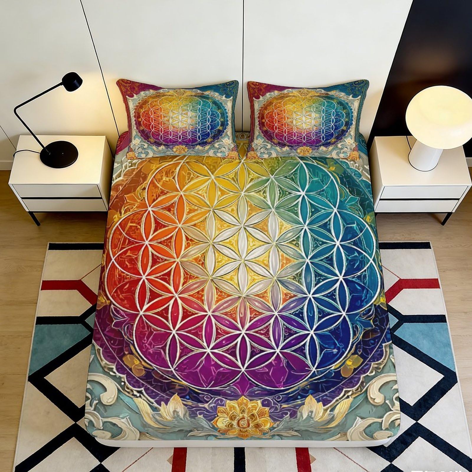 Zfldkwgb Style-8 3D Printed Rainbow Mandala Fitted Sheet Microfiber Soft Anti-Slip Geometric Bed Cover For Bedroom Guest Room Decor 90X200x25cm
