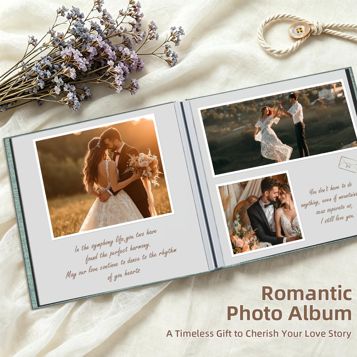 Popotop Álbum de fotos autoadhesivo con ventana de visualización de fotos, 60 páginas, álbum de recortes para fotos de 4 x 6 a 10 x 12, libro de recuerdos de cubierta de lino para boda, familia, con