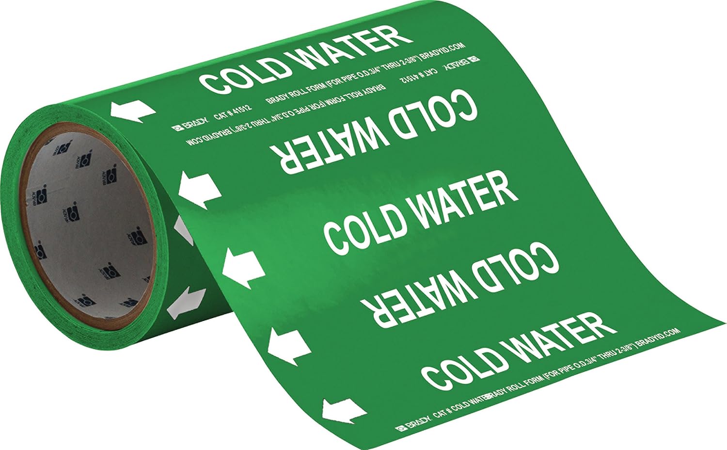 Brady 41512 Roll Form Pipe Markers, B-946, 8" X 30', White On Green Pressure Sensitive Vinyl, Legend "Cold Water"