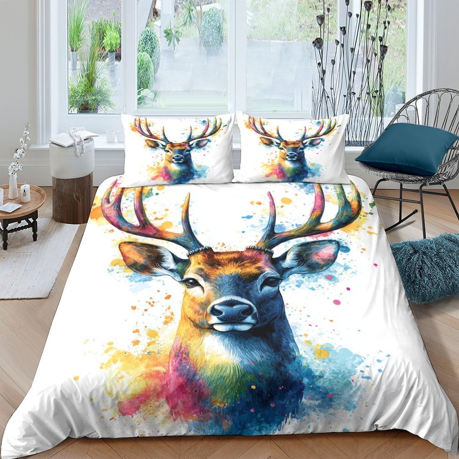 Ctjqhvkz Style-10 3D Printed Watercolor Deer Fitted Sheet Microfiber Anti-Slip Forest Antlers Bed Cover For Bedroom Guest Room Decor Single（135X200cm）