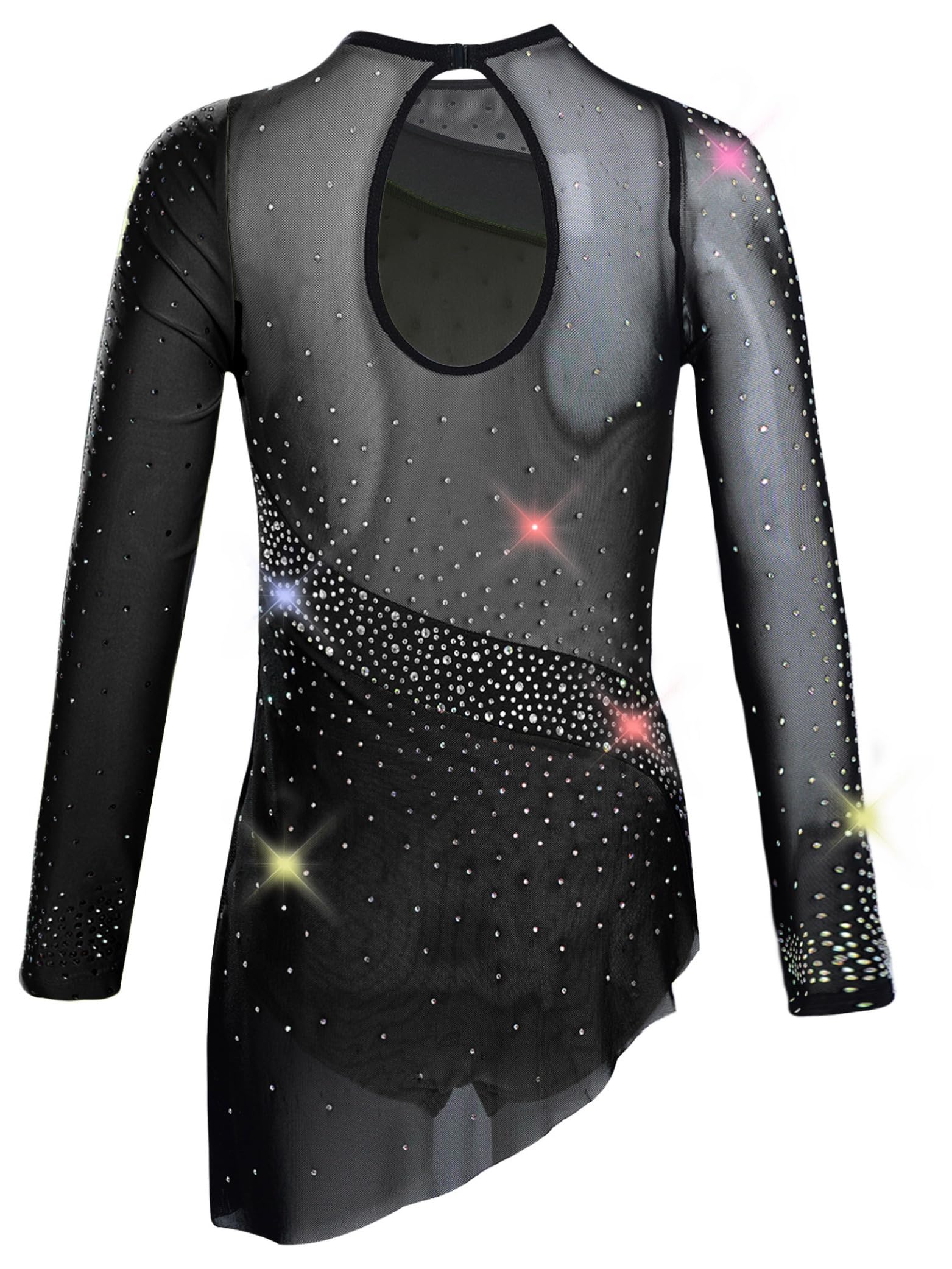 Fille Robe Patinage Artistique Asymétrique Strass Scintillante Tenue Danse sur Glace Justaucorps Gymnastique Danse Manches Longues Costume