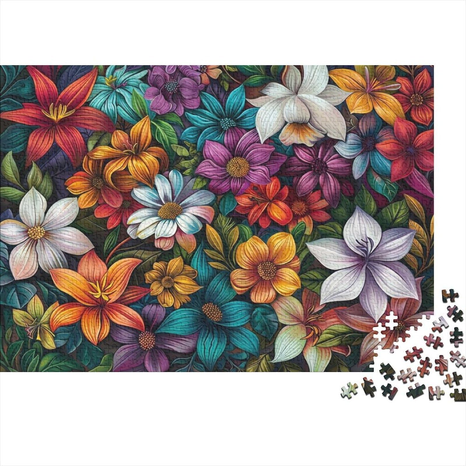 Colorful Floral Pattern Jigsaw Puzzles Puzzle for Adults Kids. 1000 Pieces Botanical Floral Art Print Whimsical Challenge Toy Educational Game Home Decoration for Educational Games Gifts 70x50cm/1000p