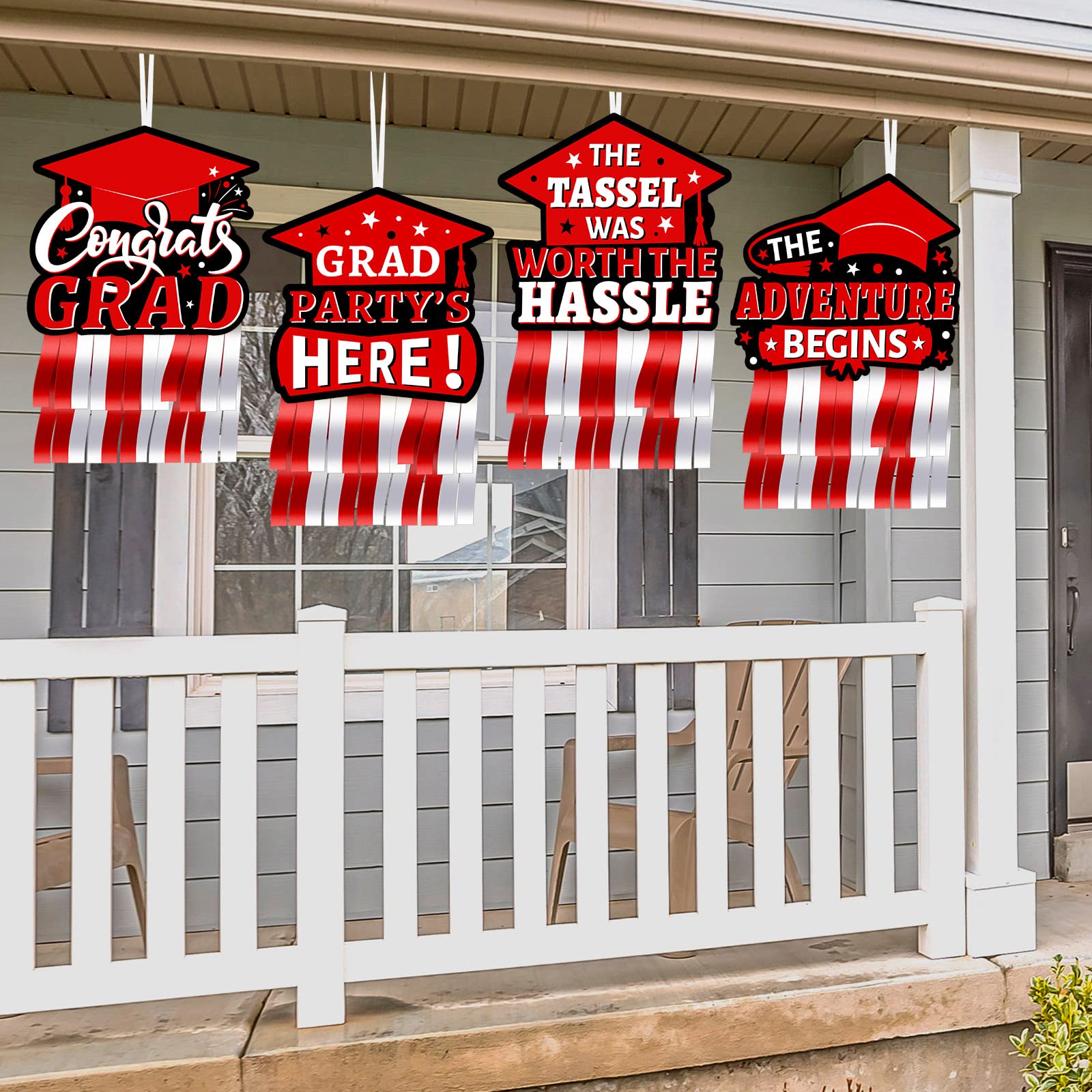 Cindeer 4 Sets Red Black and White Graduation Party Decorations 2025, Congrats Grad Class of 2025 Graduation Hanging Streamers Grad Hat Decor for Graduation Party Supplies