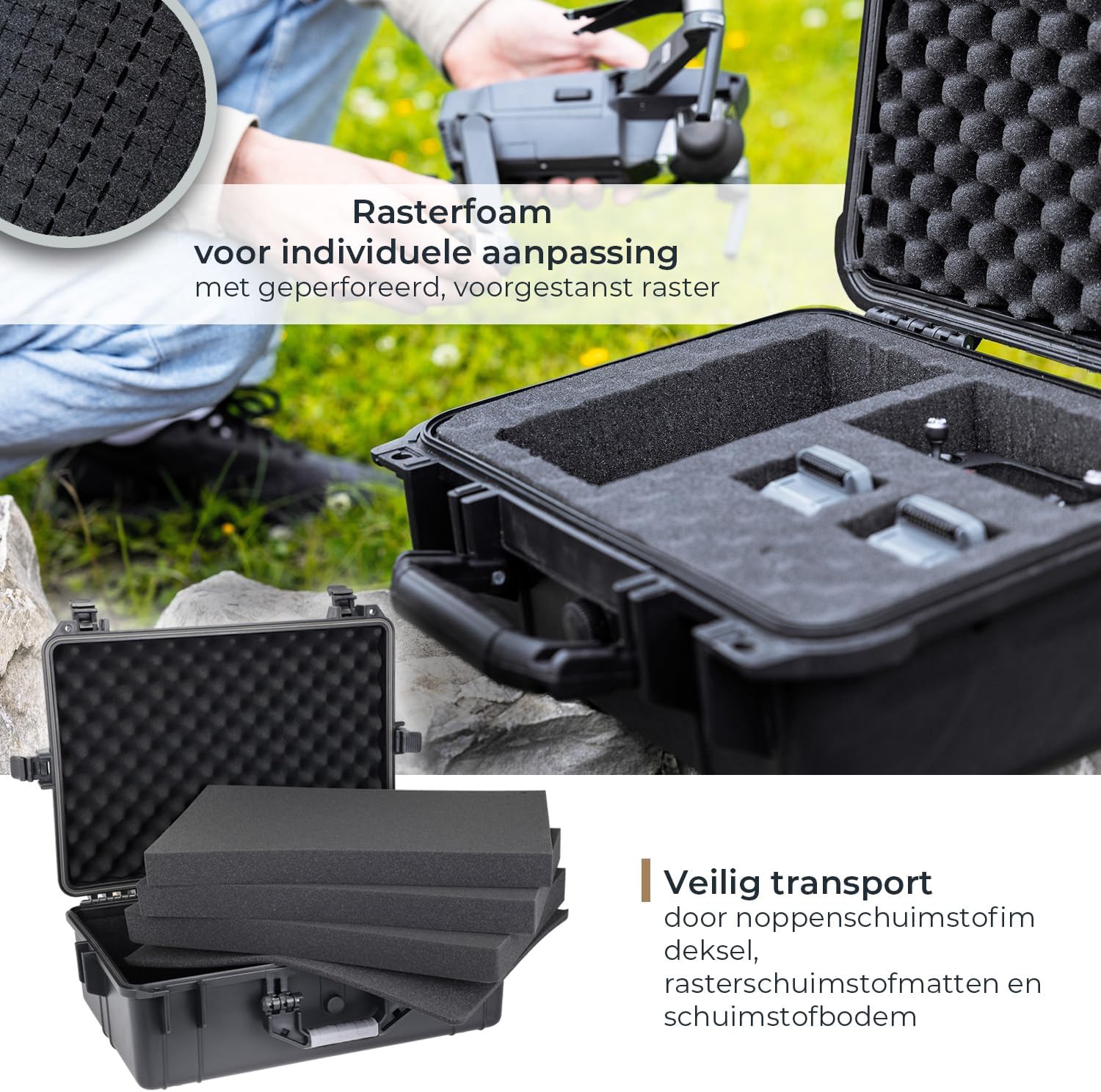 Close-up of the customizable grid foam inside the HMF ODK100 case, ready for equipment.