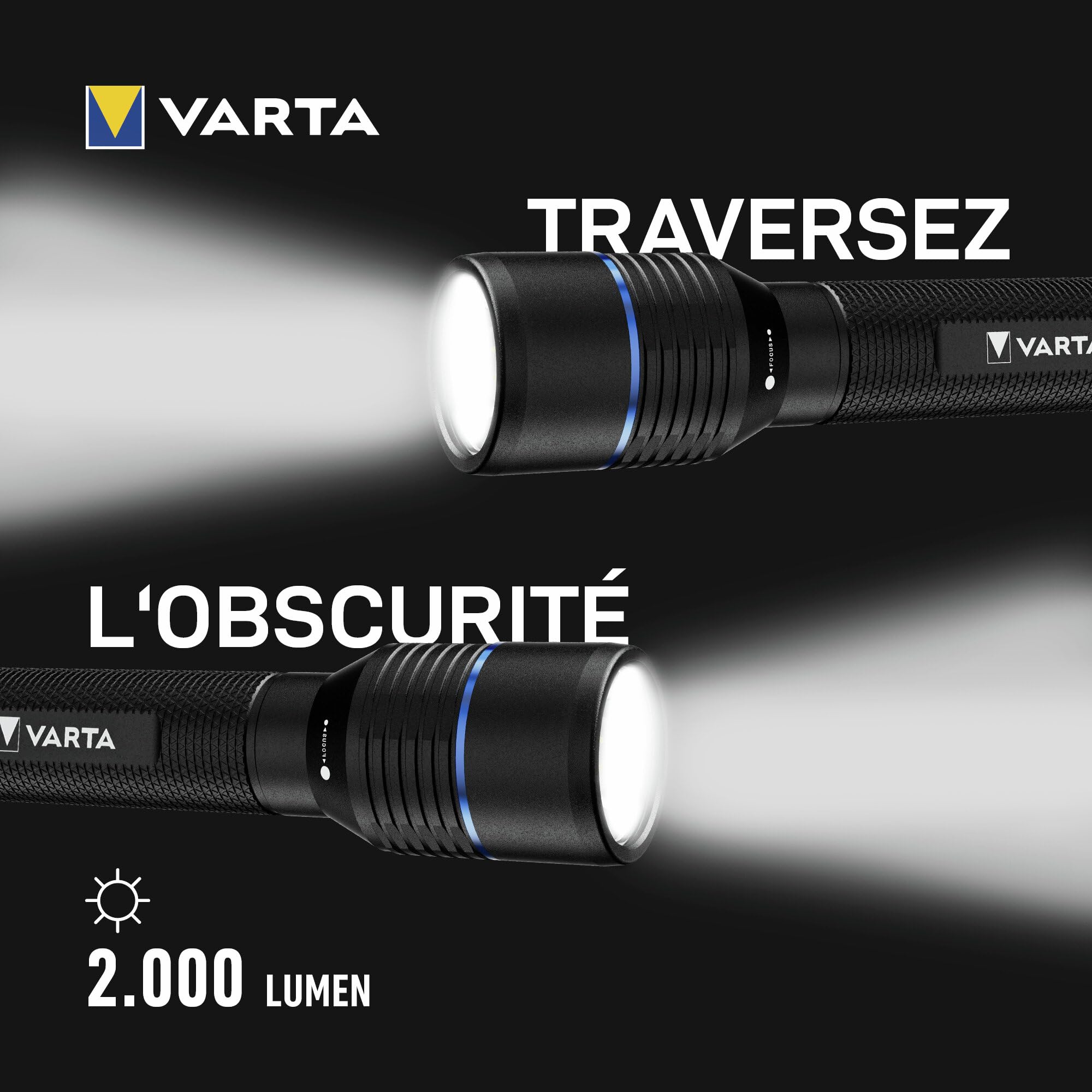 VARTA Lampe Torche LED rechargeable avec Power Bank, Night Cutter Pro F40R, pour l'extérieur et la maison, 2000 lm, étanchéité IP67, aluminium aéronautique, mise au point précise, dragonne incluse | 5 modes d'éclairage, Powerbank 5200 mAh, aluminium aéron
