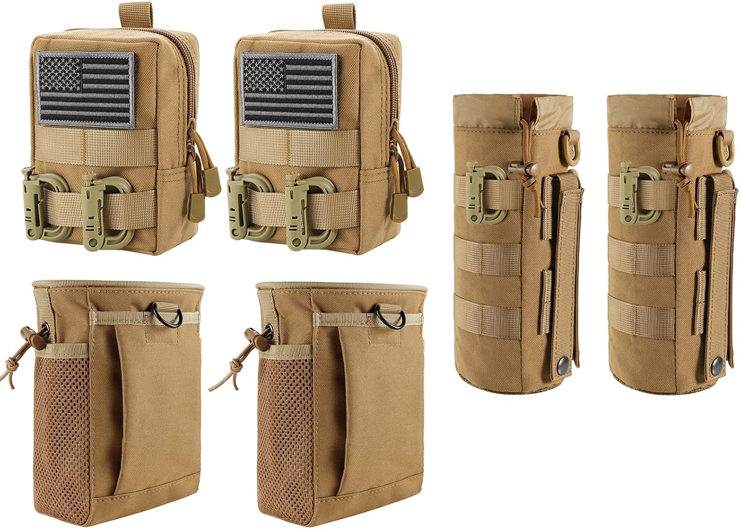 2 Pack Molle Pouches & 2 Pack Tactical Molle Drawstring Magazine Dump Pouches & 2 Pack Tactical MOLLE Water Bottle Pouches