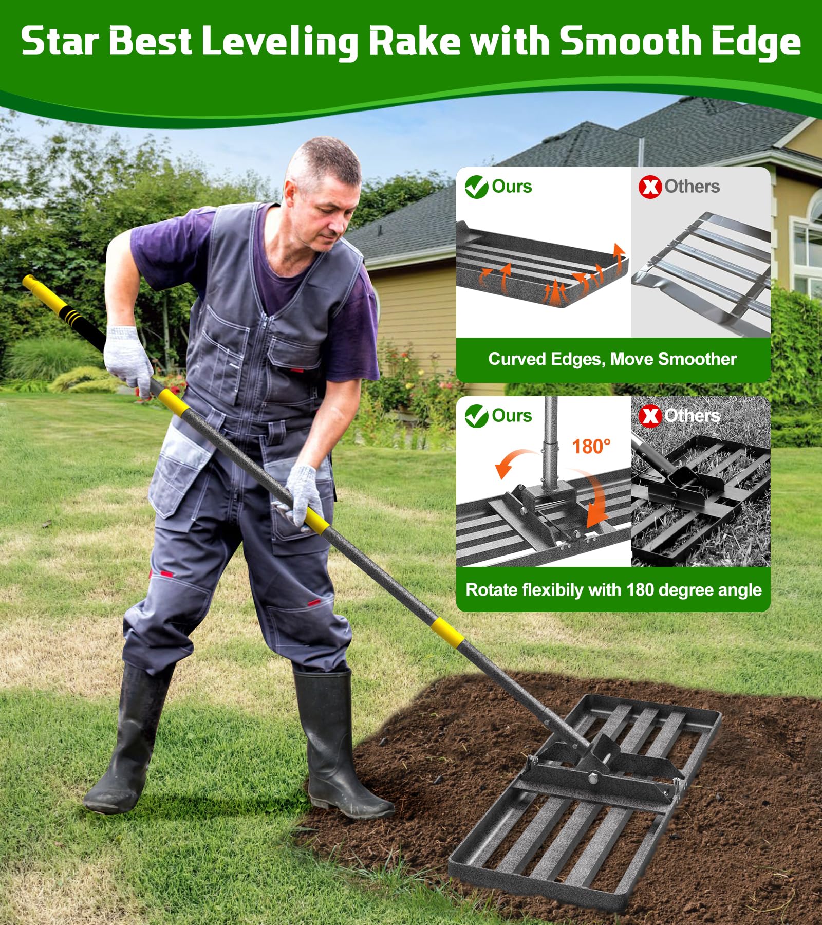 Rastrillo nivelador de césped de 30 x 10 pulgadas, herramienta niveladora de césped con mango ajustable de 6.2 pies de largo para césped, rastrillo de paisaje resistente para patio, jardín, campo de