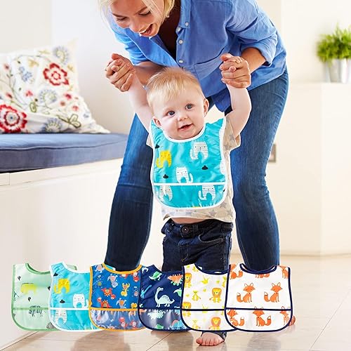 Miniatura 6 de 6 piezas de baberos impermeables para niños pequeños con bolsillo recogemigas, juego de baberos para bebés con ajuste para dientes de leche, baberos
