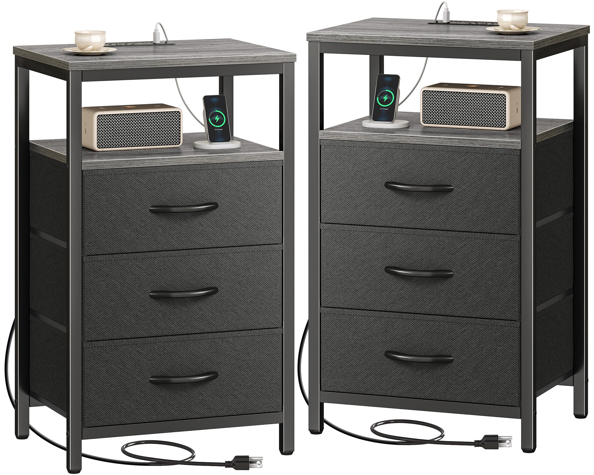 Huuger Nightstands Set of 2, 27.6 Inch End Tables with Charging Station, Fabric Drawers, Bedside Tables with USB Port and Outlet, Night Stands for Bedroom, Charcoal Gray