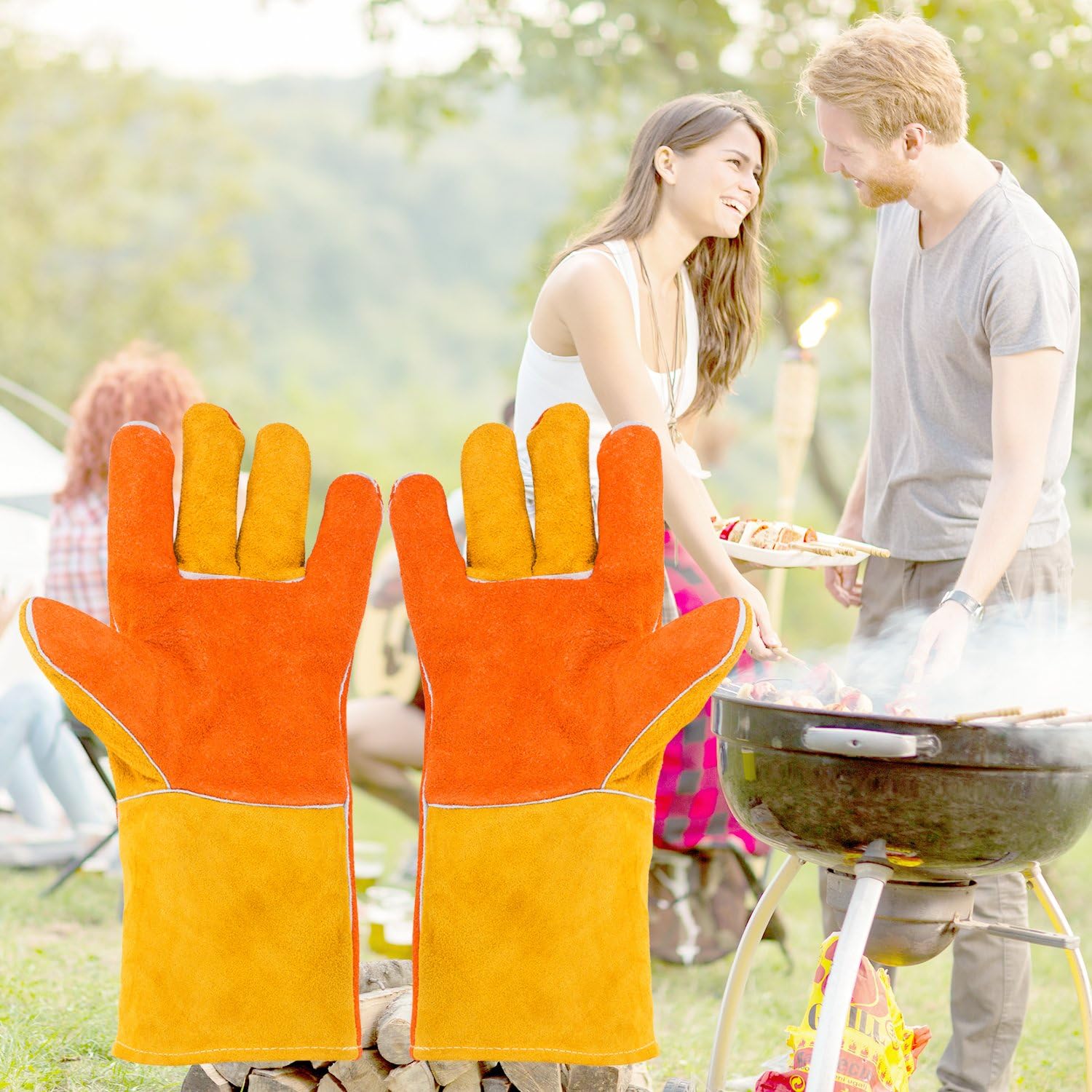 Welding Gloves Heat Resistant Gloves with Kevlar Stitching Leather Work Gloves for Welding Garden BBQ Grill Oven Cooking fireplace gloves fireproof snake bite gloves 14 inches Long