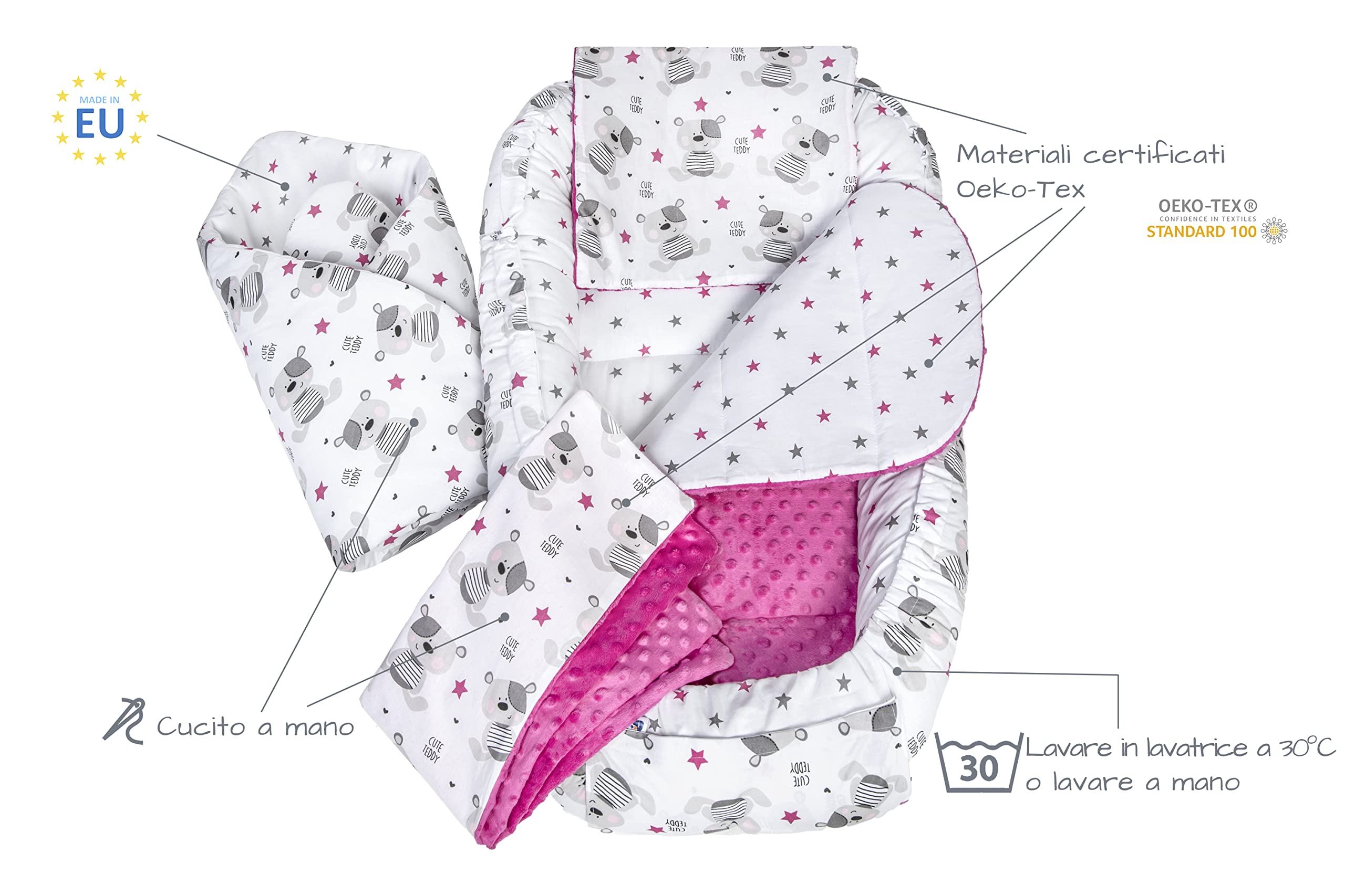 Medi Partners 5-Parti Nido per Bebè 100x60x15 Inserto Rimovibile Letto Cuscino Coperta bambini neonati 100% Cotone (Teddy con Minky rosa scuro)