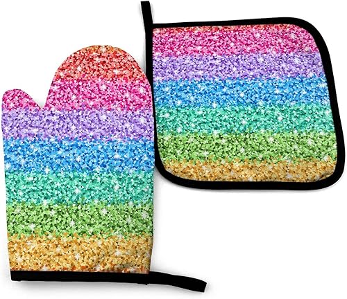 Perinsto Juego de guantes de horno y soportes para ollas con degradado multicolor, resistentes al calor, arco iris, purpurina, guantes de cocina