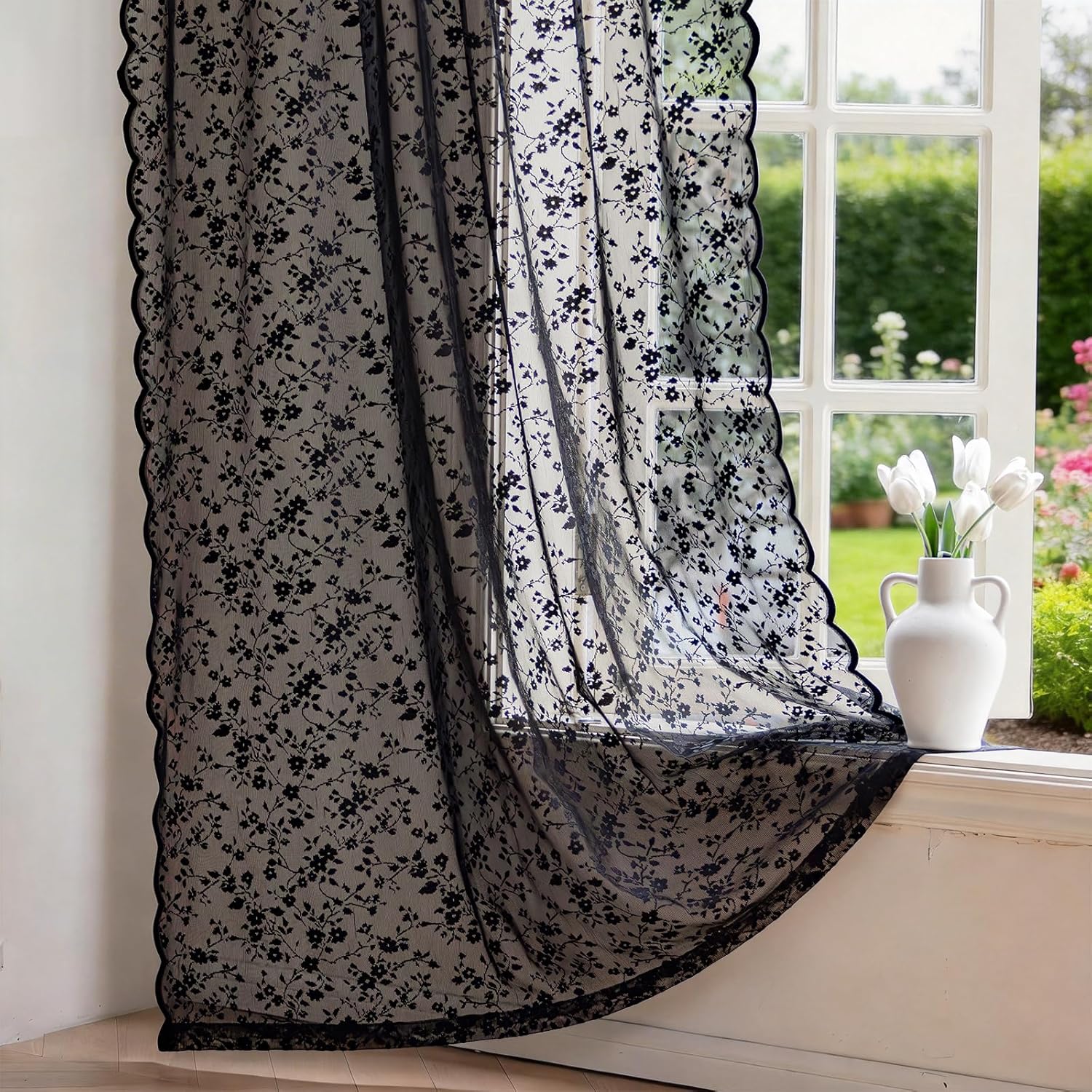 Anmao Vintage Lace Sheer Curtains 45 Inches Long - Romantic Floral Semi-Sheer Voile Panels for Living Room & Bedroom, Rod Pocket Light Filtering Drapes, Set of 2 Panels (52" W x 45" L), Black