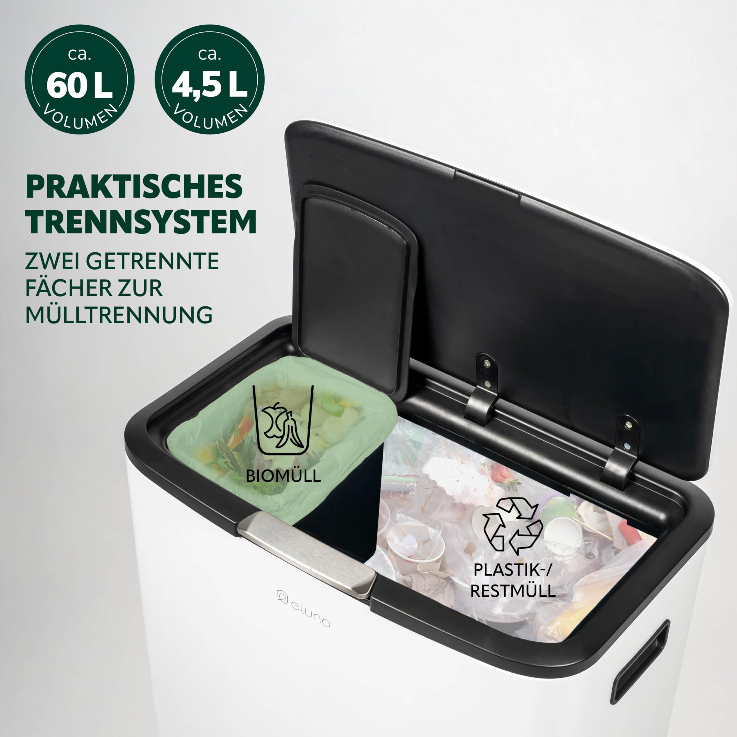 eluno Kosz na śmieci o pojemności 60 litrów i pokrywce push, w zestawie wbudowany pojemnik na odpady bio o pojemności 4,5 l, wyjmowany kosz wewnętrzny z tworzywa sztucznego, boczne uchwyty, z metalu