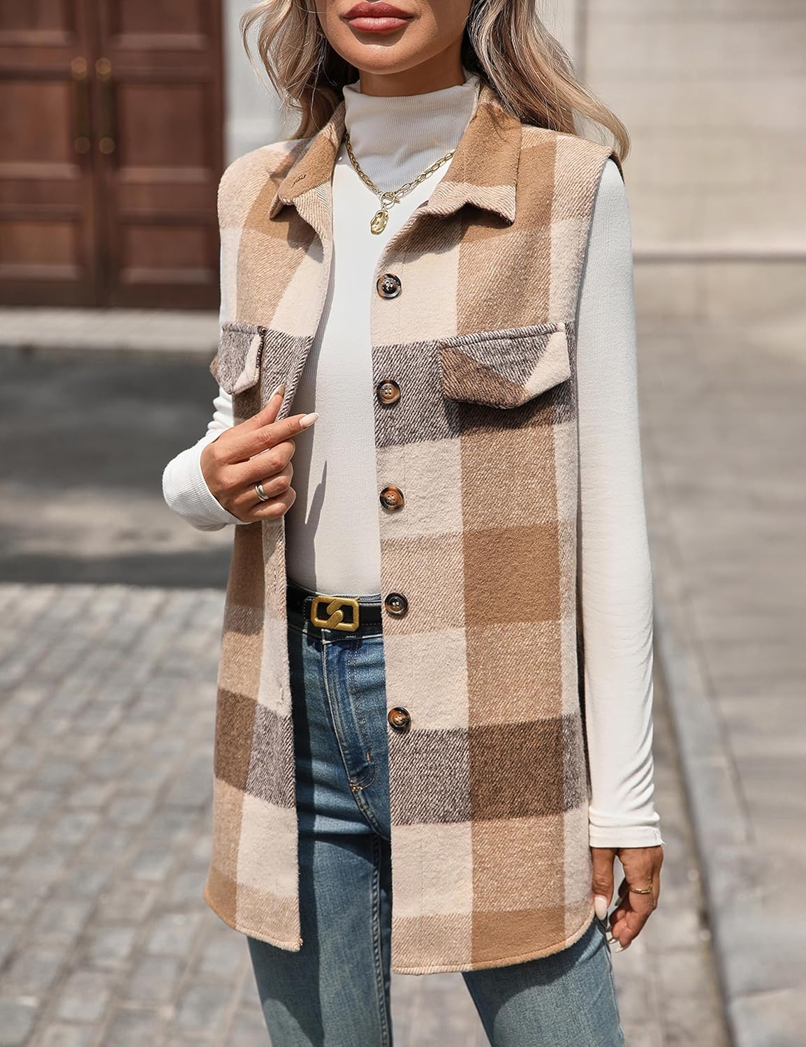 Mansy Womens Fall Flannel Plaid Outerwear Vest Casual Lapels Button Down Shirt Fashion Sleeveless Jacket Cardigan Coat - Image 2