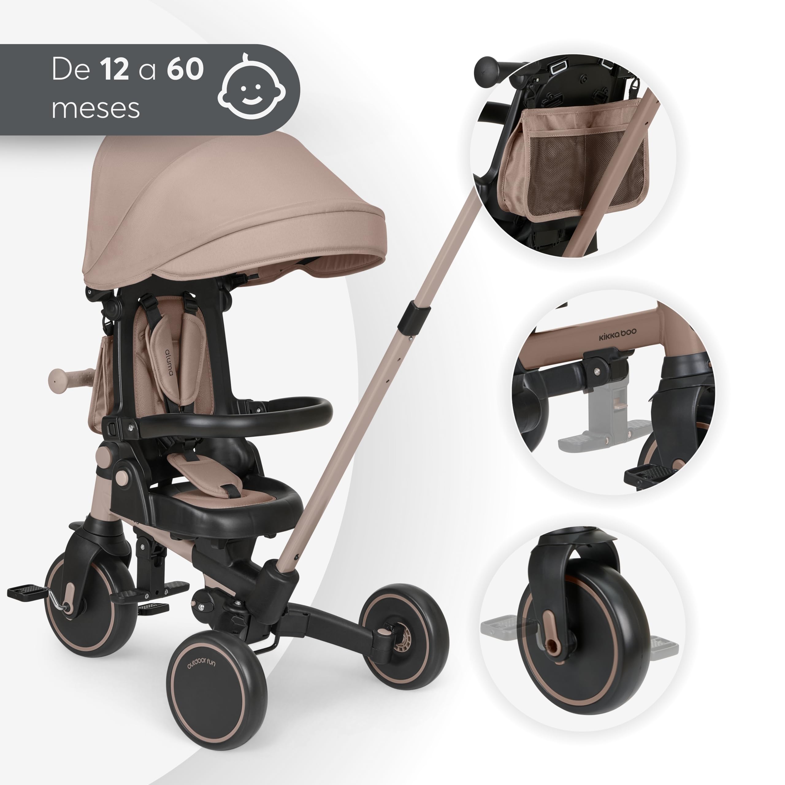 KikkaBoo Triciclo Evolutivo ALUMA 8 en 1, Triciclo Bebé Plegable con Manillar Padres, Asiento Reversible, Capota Ajustable, Arnés 5 Puntos, Marco Aluminio Beige — view 8