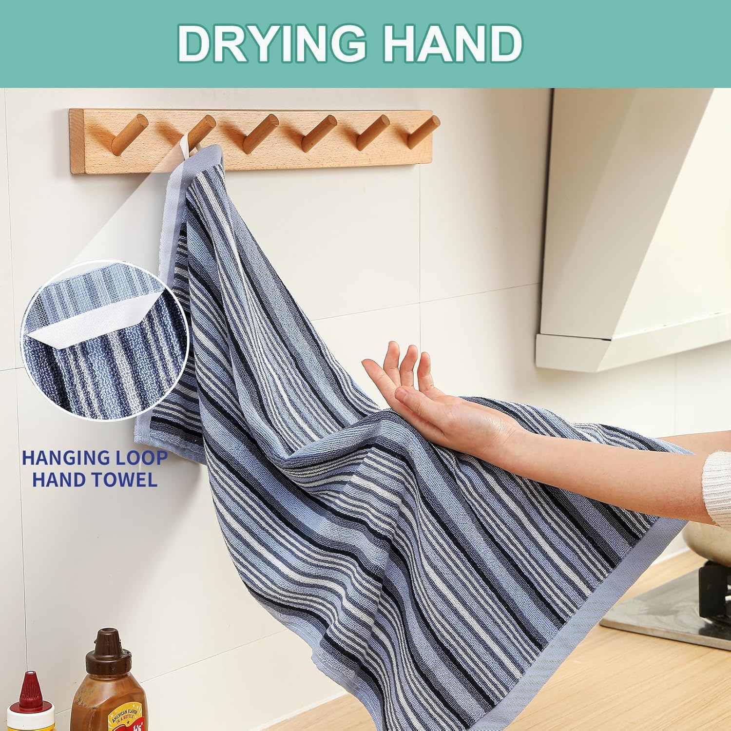SALAS Paños de cocina de alta calidad para secar platos, paños de cocina grandes de algodón, toallas de mano, paños de rizo a rayas, juegos de toallas gruesas altamente absorbentes con lazo para